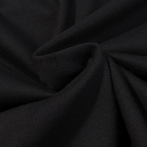 Macro shot of high-quality black knitted fabric showing fine texture and matte finish