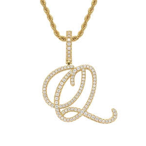 Macro view of 18K gold plated letter Q pendant with shimmering CZ stones and twist chain