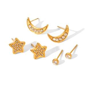 Three pairs of gold stainless steel stud earrings with moon star and zircon stones
