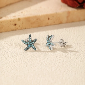 S925 sterling silver starfish stud earrings with blue synthetic turquoise stones