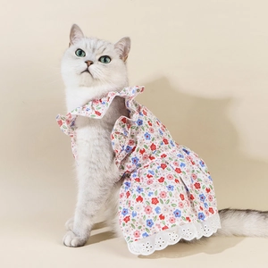 Close-up of floral pet dress showing ruffled collar and intricate hollow lace hem details