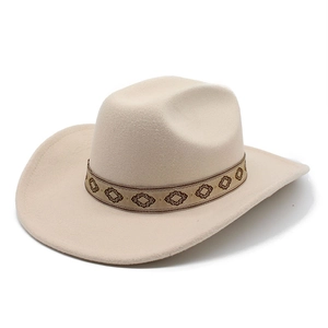 Chapeau fedora classique en feutre de laine beige avec ruban brodé géométrique