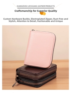 Close-up of litchi texture leather card holders with durable electroplated metal zippers