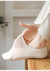 Detailed macro view of beige mesh cotton invisible boat socks with high elasticity