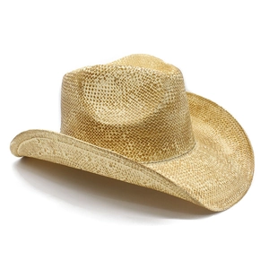 Classic straw cowboy hat featuring intricate cross-weave texture and wide curved brim