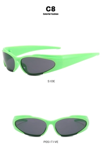 Macro side and front view of neon green futuristic Y2K wrap-around sports sunglasses