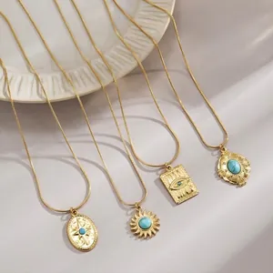 Vintage Stainless Steel Necklace With Turquoise Pendant Gold Plated Snake Chain Retro Bohemian Jewelry Unisex