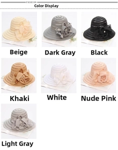 Detail display of stylish women sun hats featuring large 3D flowers in seven elegant colors