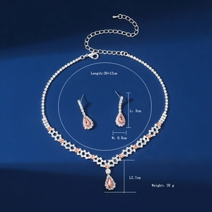 Detailed dimensions of pink rhinestone necklace and drop earrings jewelry set