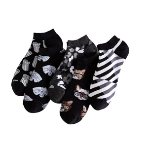 Five pairs of cotton casual socks with pug, cat, and geometric patterns in white background