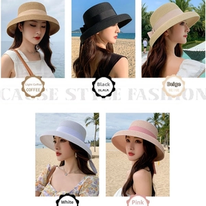 Collage of wide-brim straw hats in five colors including beige and pink for beach sun protection