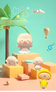 Detailed view of cute pig keychain figures in various playful poses and 3D scenes
