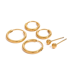 Three-pair gold stainless steel earring set featuring hoop earrings and classic stud earrings
