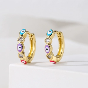 18K gold plated hoop earrings with colorful devil's eye charms and clear zircon accents