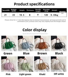 Detailed size guide and multi-color specifications for the pleated PU bucket bag