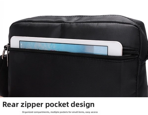 Rear zipper pocket of black nylon shoulder bag showing tablet storage capacity