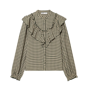 Women's black and green checkered long sleeve shirt with ruffle details and stand collar