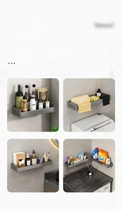 Wall-mounted gray organizer rack showing versatile storage for kitchen and bathroom