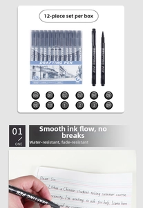 Detail of 12 waterproof fineliner pens set with various nib sizes and ink flow view