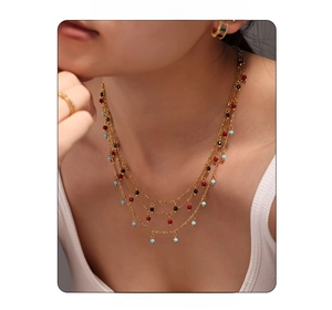 Close-up of double-layered 18K gold-plated necklace with colorful small natural stone beads