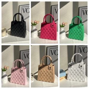 Collage of colorful EVA diamond-lattice tote bags with hollow holes in six vibrant colors