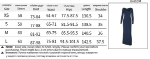 Detailed size chart for long sleeve hollow-out maxi dress with measurements from XS to L