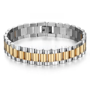Detail of 15mm wide brushed stainless steel link bracelet in two-tone gold and silver
