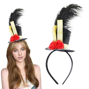 Detail of black top hat headband featuring feathers, gold ribbon, and red floral accents
