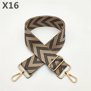 Detail of khaki herringbone woven bag strap with gold adjustable buckle and metal hooks
