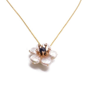 Baroque pearl flower necklace with blue gemstone and gold chain for women