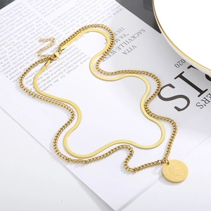 Double-layered gold titanium necklace with snake chain and portrait coin pendant