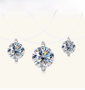 Detail of round cut moissanite pendants with dual claw setting on invisible chains