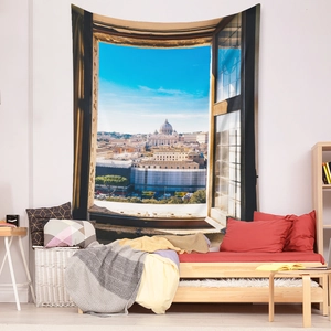 Detail view of window view tapestry showing Rome cityscape and St. Peter's Basilica