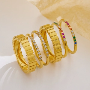Stainless Steel Rings Colorful Cubic Zirconia Slim Stackable Band Gold Plated Geometric Square Texture Women Jewelry