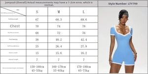 Detailed size guide for seamless ribbed short sleeve yoga jumpsuit with blue and white trim