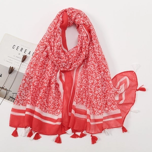 Red floral print shawl scarf with tassels and leaf pattern for summer beach vacations