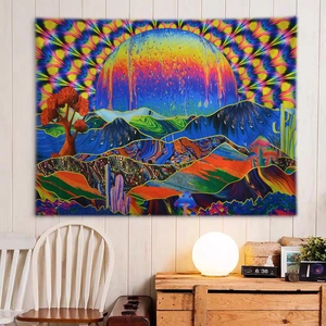 Détail d'une tapisserie psychédélique avec planète fluide et art paysager néon vibrant