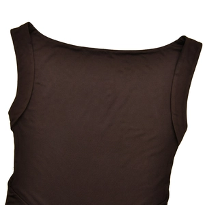 Detail of the brown ruched dress showing the neckline and shoulder flat lay texture