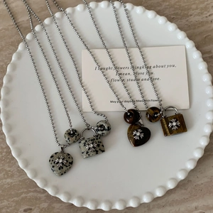 Vintage Stainless Steel Cross Heart Pendant Necklace With Tiger Eye Dalmatian Stone Retro Ball Chain Jewelry For Women