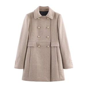 Women's oatmeal double-breasted wool coat with notch lapels and gold buttons