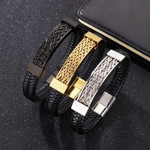 Men Woven Leather Bracelet With Stainless Steel Magnetic Clasp Industrial Style Wristband Fashion Jewelry