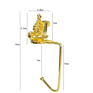Detailed size specifications for gold Christmas mantel hook with sleigh and tree motif