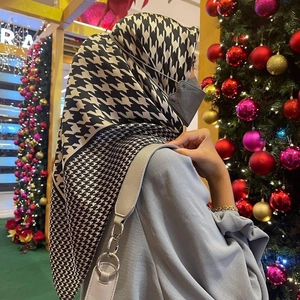 Classic black and white houndstooth satin square hijab scarf for women casual wear