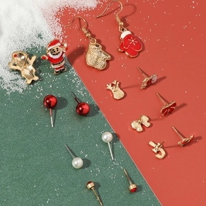 Christmas earrings set featuring festive elk, santa claus, and bow designs in classic colors