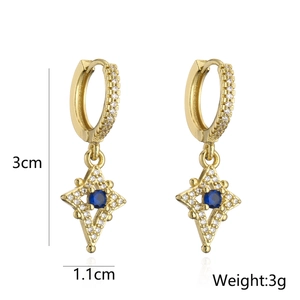 18K gold plated huggie earrings with rhombus blue zircon pendant, size 3x1.1cm