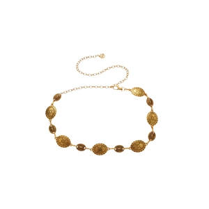 Vintage gold metal waist chain with oval sunburst embossed plates for women