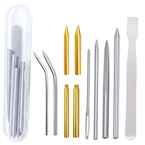 Detailed set of silver and gold metal paracord weaving needles with clear storage box