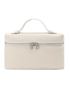 Minimalist creamy white leather top handle vanity bag with dual silver zippers
