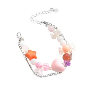 Pulsera de doble capa de corazón con cuentas de cristal y dijes de estrellas
