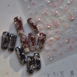 Iridescent butterfly and flower nail stickers MS476 on black and dark red nails